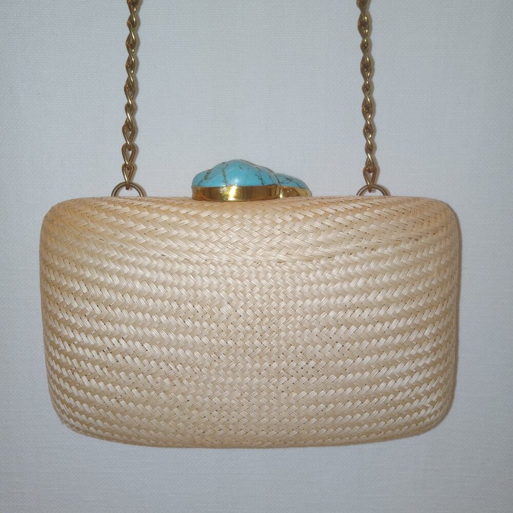 Kayu Jen Straw Clutch/Shoulder Bag With Turquoise Stone Toast/Natural NWOT - Picture 4 of 16